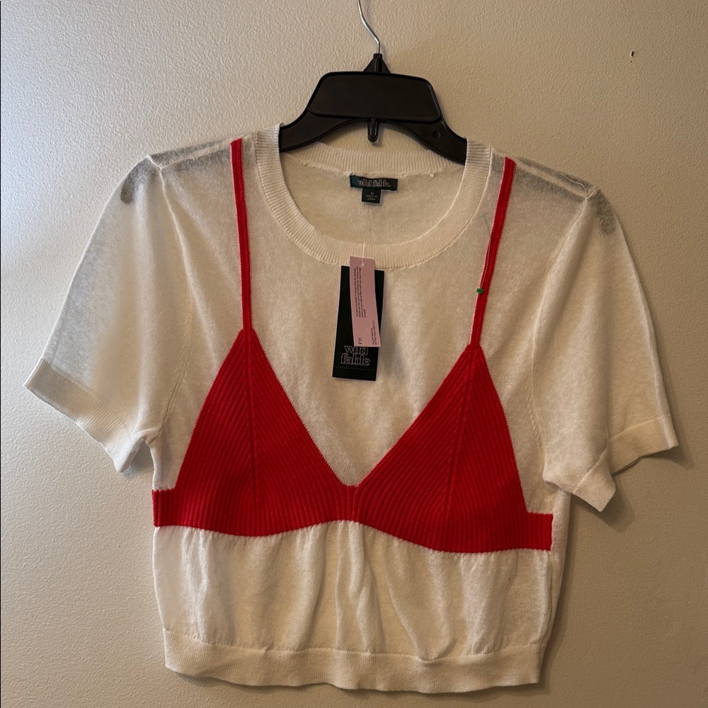 Topshop White and Red Crop Top